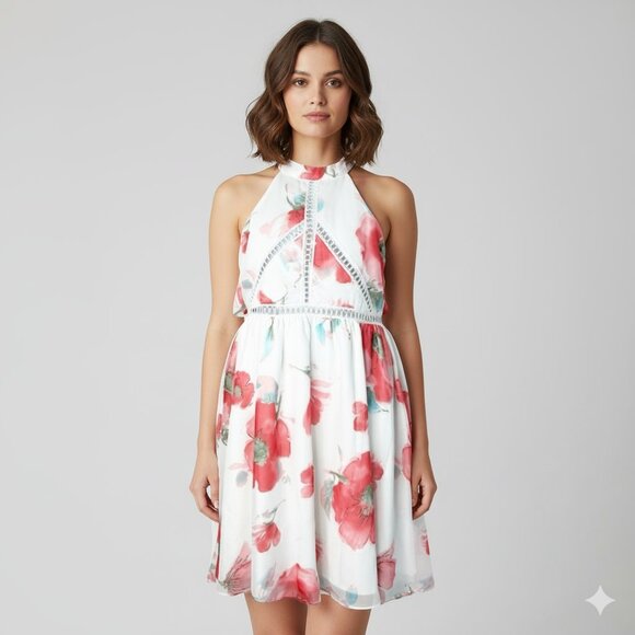 Two Sisters The Label Floral Halter Mini Dress Chiffon Size Large Boho Chic - Picture 3 of 16